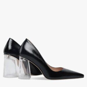 Marc Fisher Black Patent Pointed-Toe Pumps with Clear Block Heels
